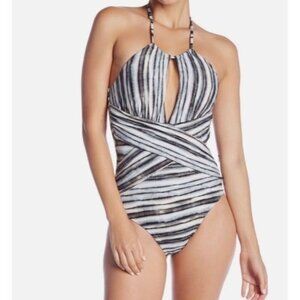 La Blanca Sz 4 Swimsuit Bamboo Striped HighNeck Cutout Halter One piece New NWT